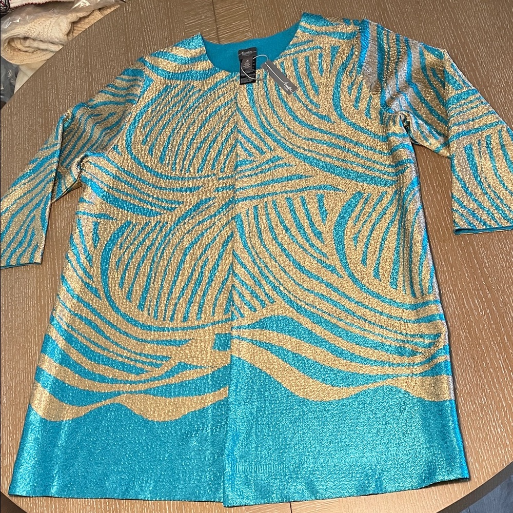Chico's Jacket Travelers Reversible Teal and Gold Open Topper Jacket